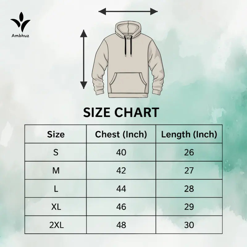 Size chart for a hoodie with dimensions on a light background