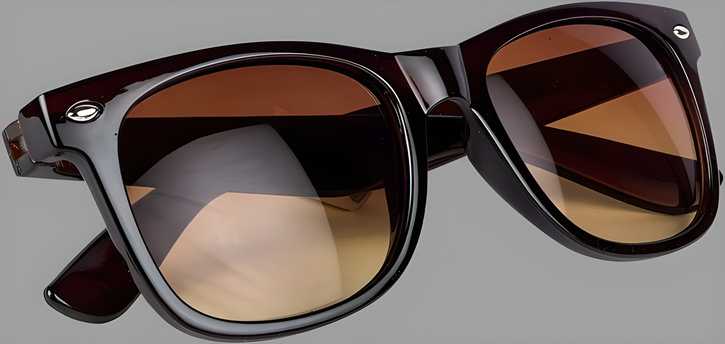 Black-framed sunglasses with brown lenses on a gray background