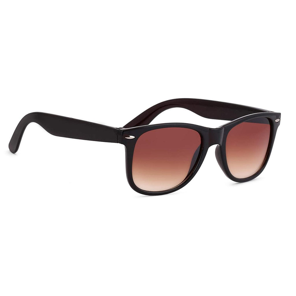 Black sunglasses with brown gradient lenses on a white background