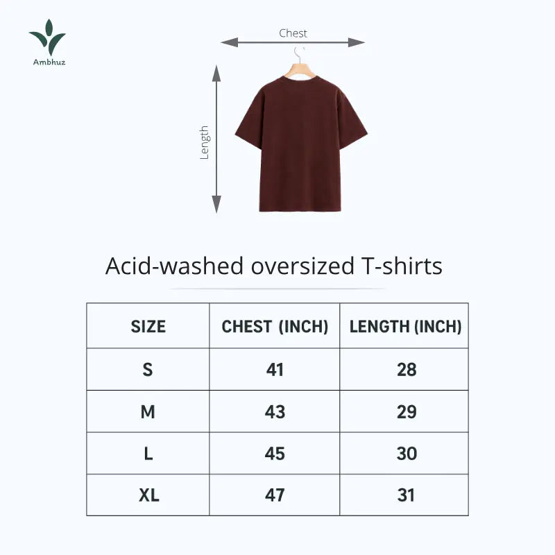 Acid-washed oversized T-shirt with size chart on a white background