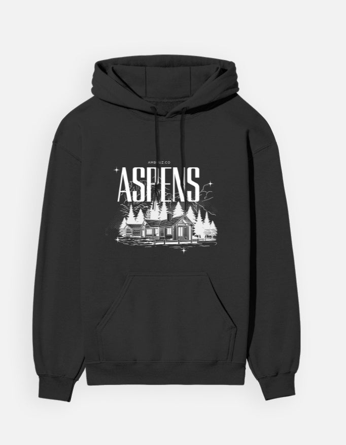 Black hoodie with white graphic design on a white background