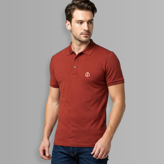 Signature Crest Polo t-shirt from side view in brick red Color