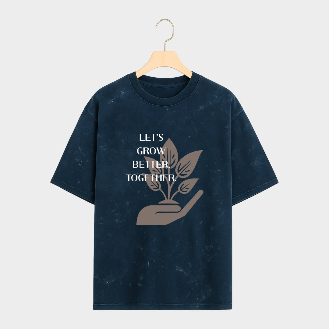 Black t-shirt with a graphic design and text on a gray background