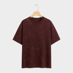 Maroon t-shirt with distressed finish on a light gray background
