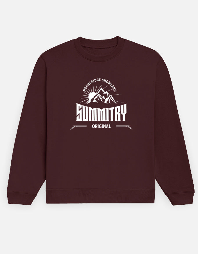 Maroon sweatshirt with 'Summitry' logo on a white background