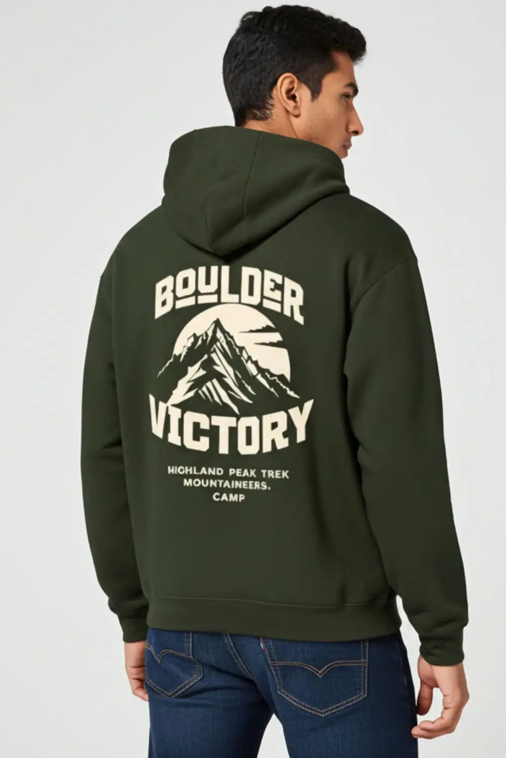 Person wearing a green hoodie with 'Boulder Victory' text and mountain graphic on the back.