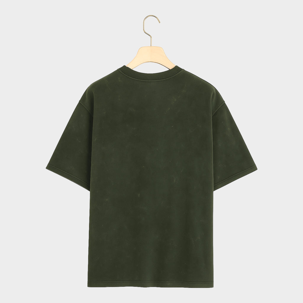 Green marble-patterned t-shirt on a light gray background