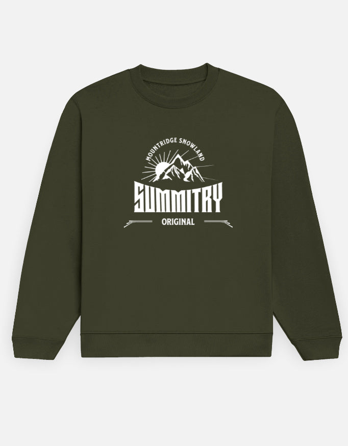 Green sweatshirt with 'Summitry Original' logo on a white background