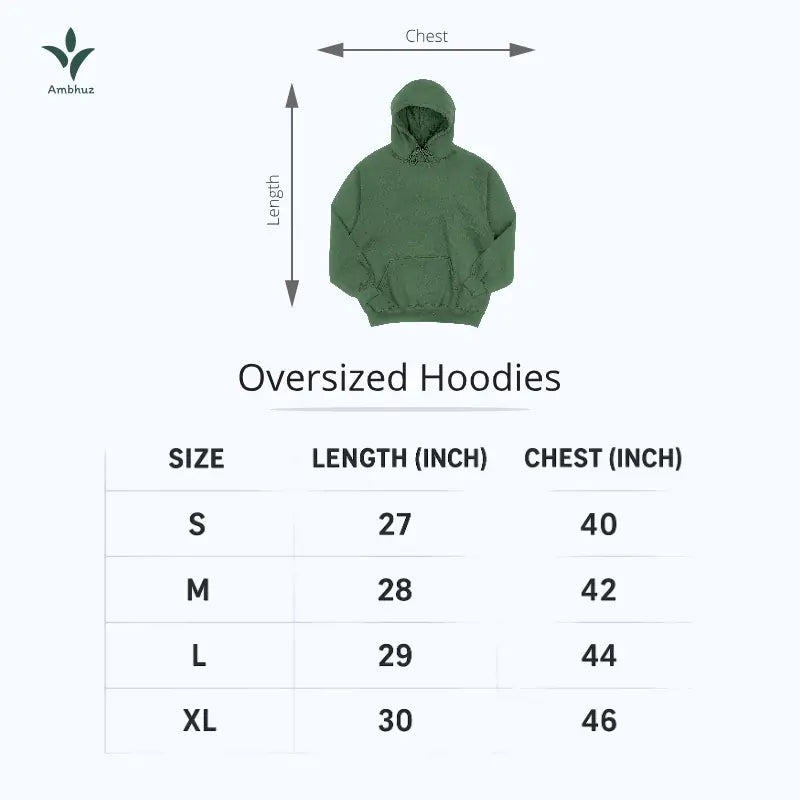 Green oversized hoodie with size chart on a white background