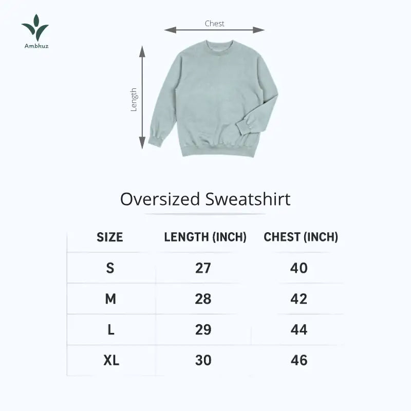 Oversized sweatshirt with size chart on a white background