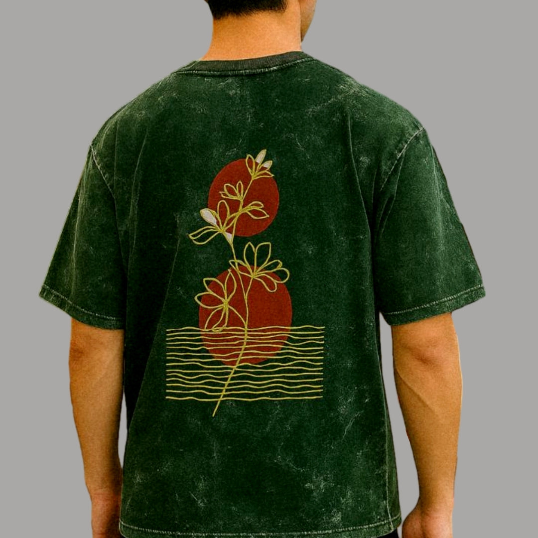 Bottle Green Tide-bloom Acid Wash Oversized T Shirt
