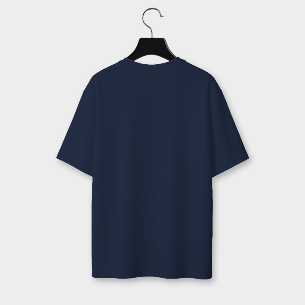 Navy blue t-shirt on a hanger against a light gray background