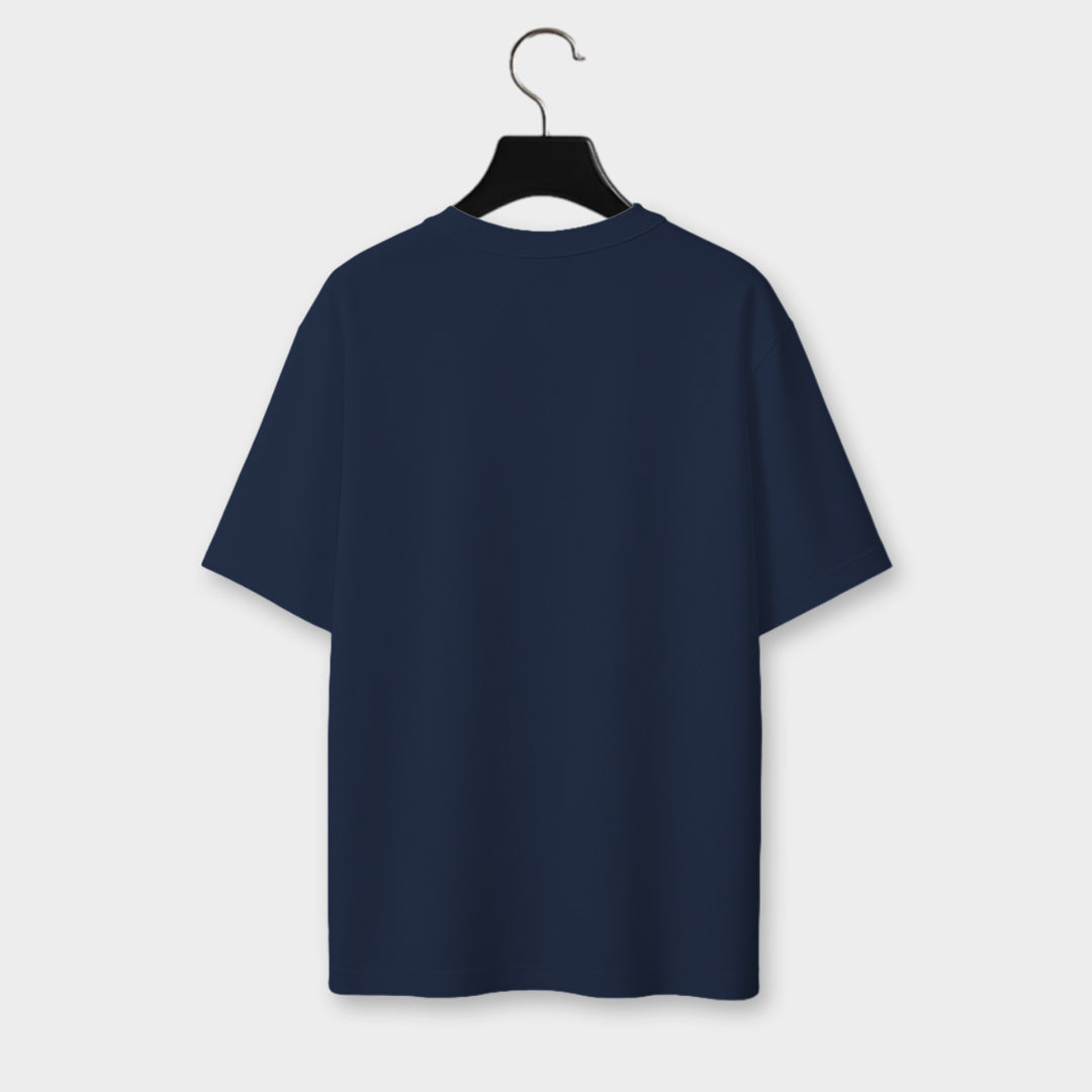 Navy blue t-shirt on a hanger against a light gray background