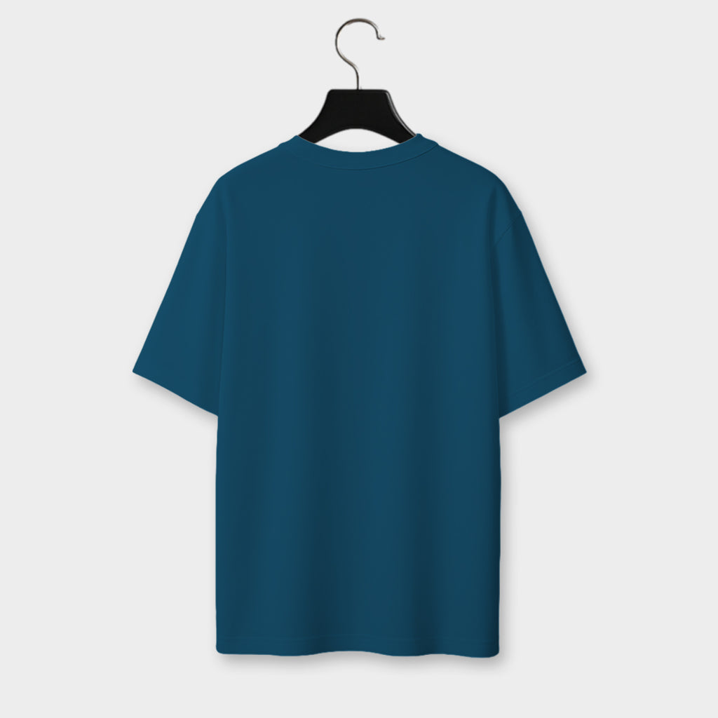 Blue t-shirt on a hanger against a light gray background